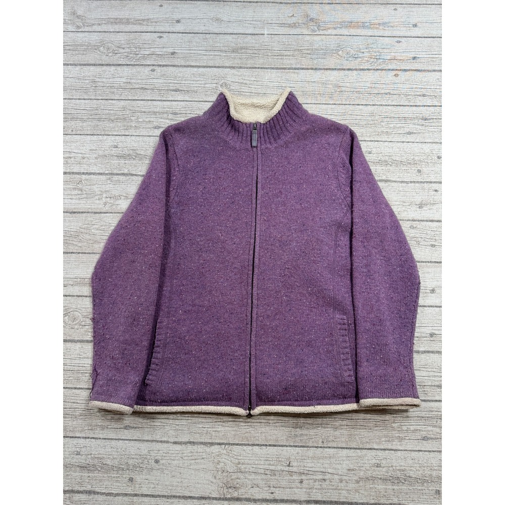 L.L.Bean Sweater Women's XL Purple Sherpa Lined Donegal Fleck Zip Up Cardigan